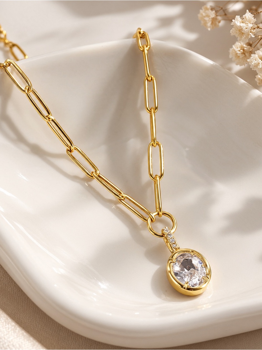 18K Gold Plated Stainless Steel Crystal Pendant Paperclip Chain Necklace